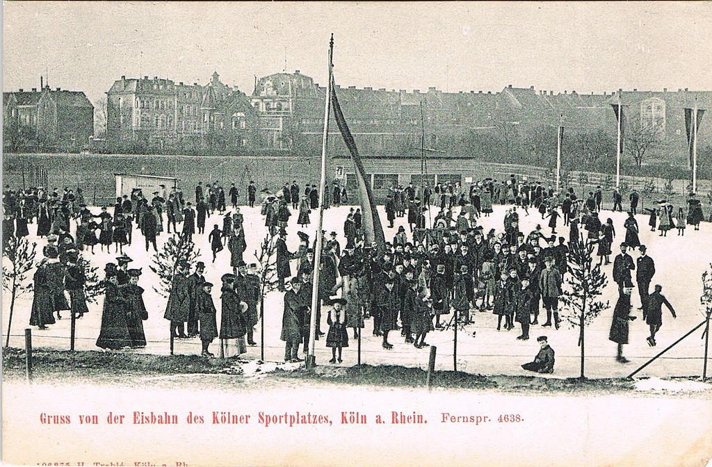 Historische Postkarte von 1908 mit der Eisbahn des Kölner Sportplatzes in Riehl und Häusern an der Stammheimer Straße.