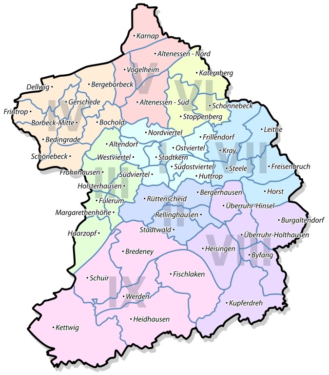 Karte der Essener Stadtteile und Stadtbezirke (2007)