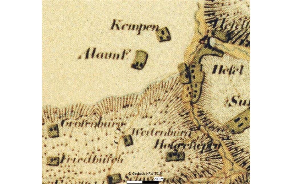 Das Alaunbergwerk "Engelsthal" (früher "Aurora")  in Velbert auf der Tranchot/Müfflingkarte von 1801-1828