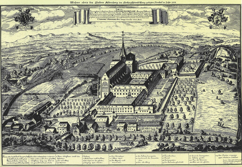 Kupferstich der Altenberger Abtei von Johann Jakob Sartor aus dem Jahr 1707.