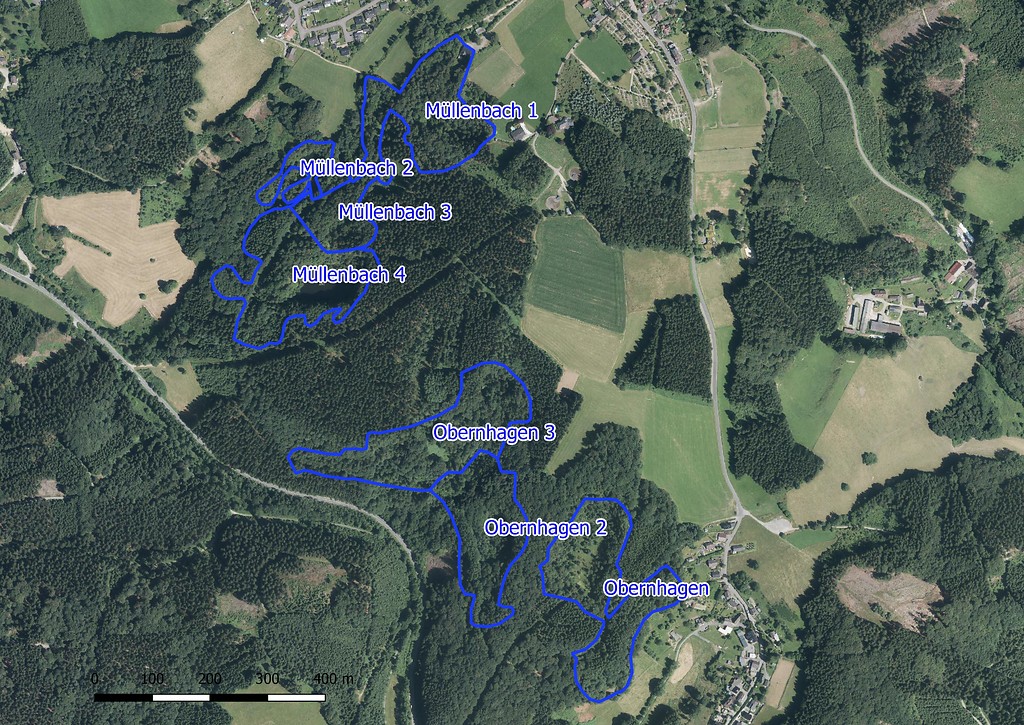 Lage der Grauwackesteinbrüche bei Obernhagen und Müllenbach. (Bearbeitung: J. Kling, Kartengrundlage: Geobasisdaten NRW (2018))