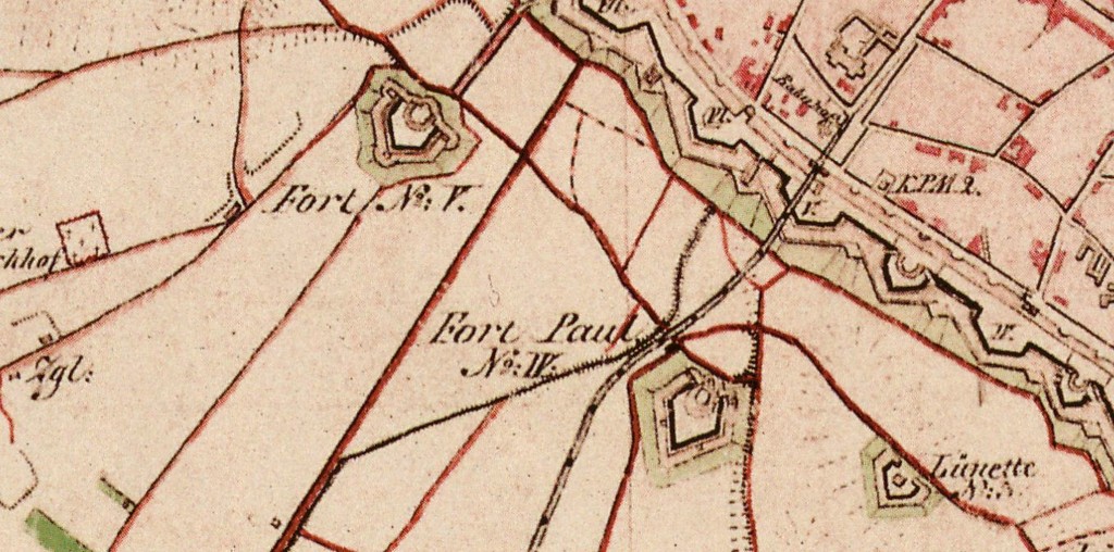 Die Forts IV und V im heutigen Inneren Kölner Grüngürtel auf einer historischen Karte (Preußische Uraufnahme von 1845)