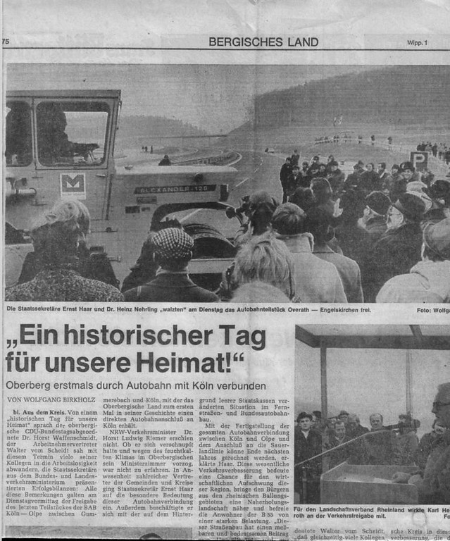 Zeitungsartikel zur Eröffnung der Bundesautobahn A4 (1975).
