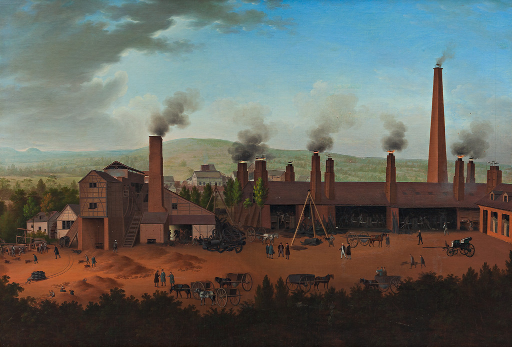 Ölgemälde von Carl Schütz (1838): Die Fabrikanlage des Lendersdorfer Walzwerks der Unternehmerfamilie Hoesch mit zahlreichen rauchenden Schornsteinen.