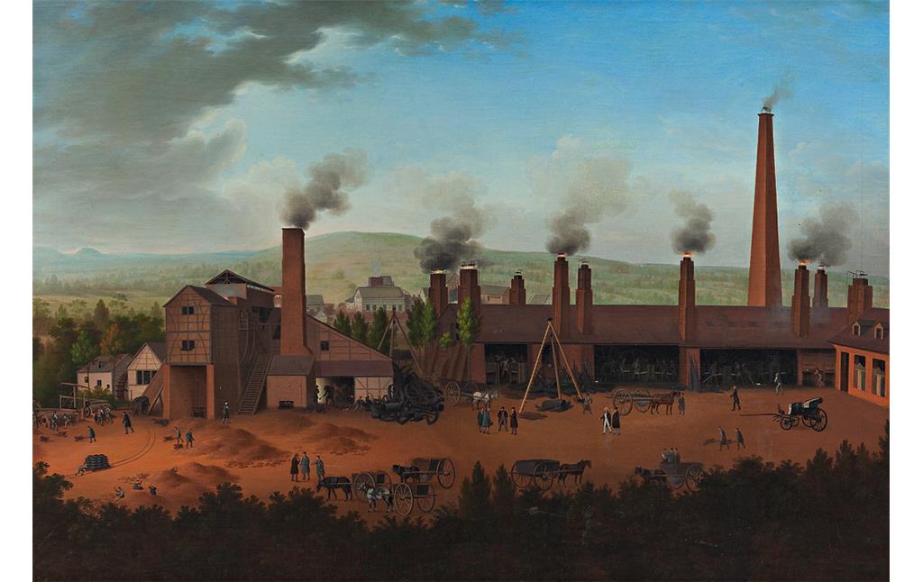Ölgemälde von Carl Schütz (1838): Die Fabrikanlage des Lendersdorfer Walzwerks der Unternehmerfamilie Hoesch mit zahlreichen rauchenden Schornsteinen.