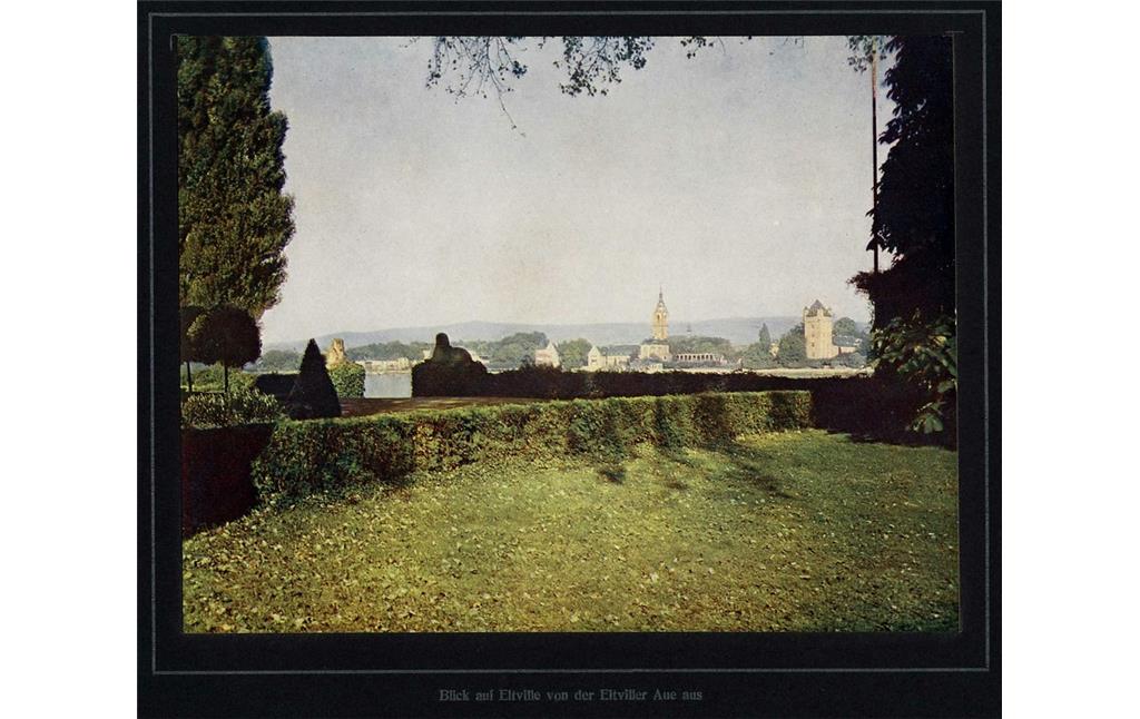 Blick aus einem Villengarten auf der Eltviller Aue auf Eltville (Aufnahme vor 1923)