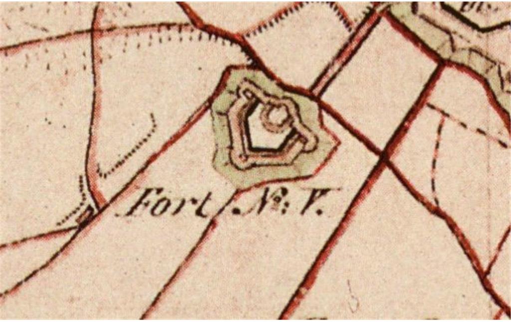 Fort V des heutigen Inneren Kölner Grüngürtels auf einer historischen Karte (Preußische Uraufnahme von 1845)