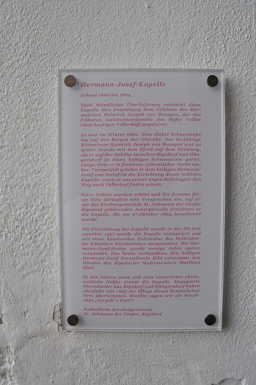 Schild an der Hermann-Josef-Kapelle Hüngersdorf (2014)