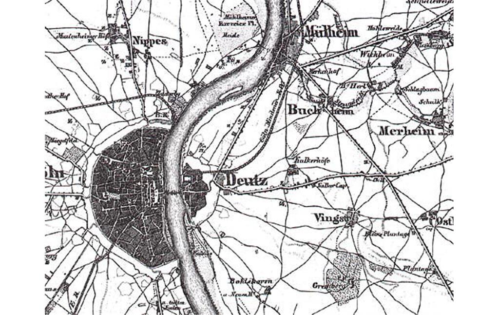 Kartenausschnitt von Köln und Deutz aus dem Jahre 1850