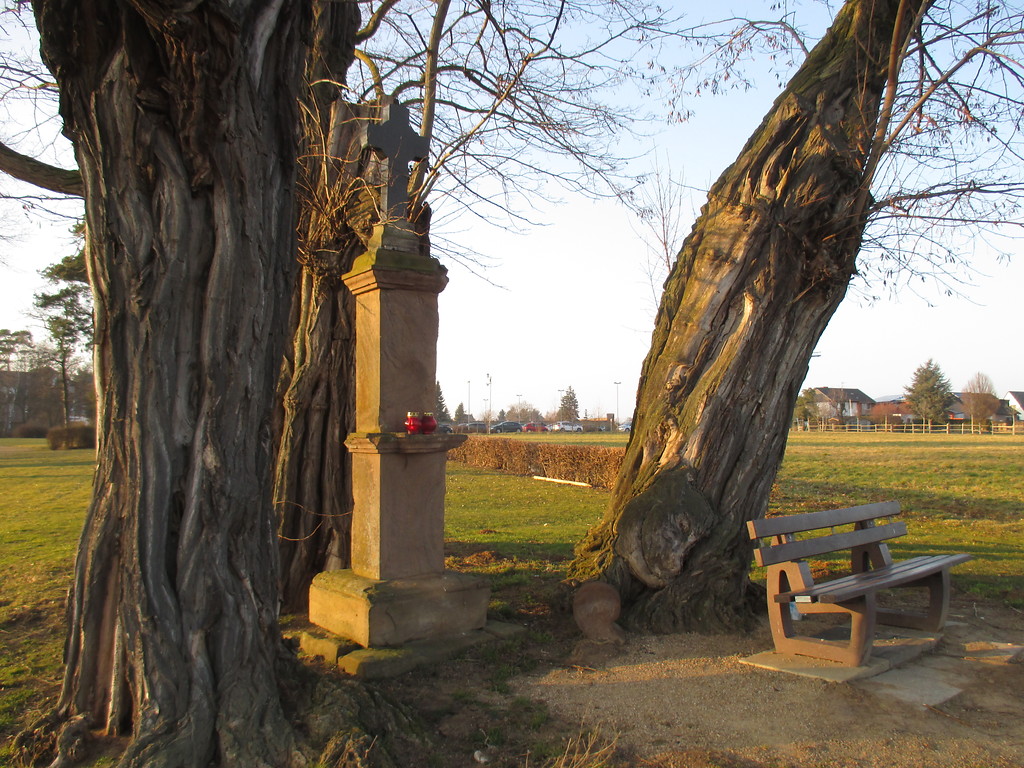 Baumgruppe mit Sandsteinkreuz am Kloster Marienborn in Hoven (2015)