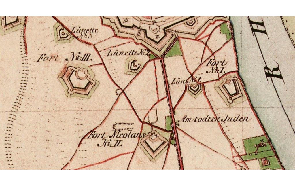 Kartenausschnitt der Preußischen Uraufnahme von 1845 mit den Forts I, II und III und den Bezirk "Am todten Juden" im heutigen Inneren Kölner Grüngürtel.