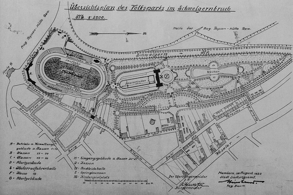 Historischer "Übersichtsplan des Volksparks im Schwelgernbruch" von 1925, u. a. mit dem Schwelgernstadion samt Rad- und Motorradrennbahn und den angrenzenden Parkanlagen im heutigen Duisburg-Hamborn.