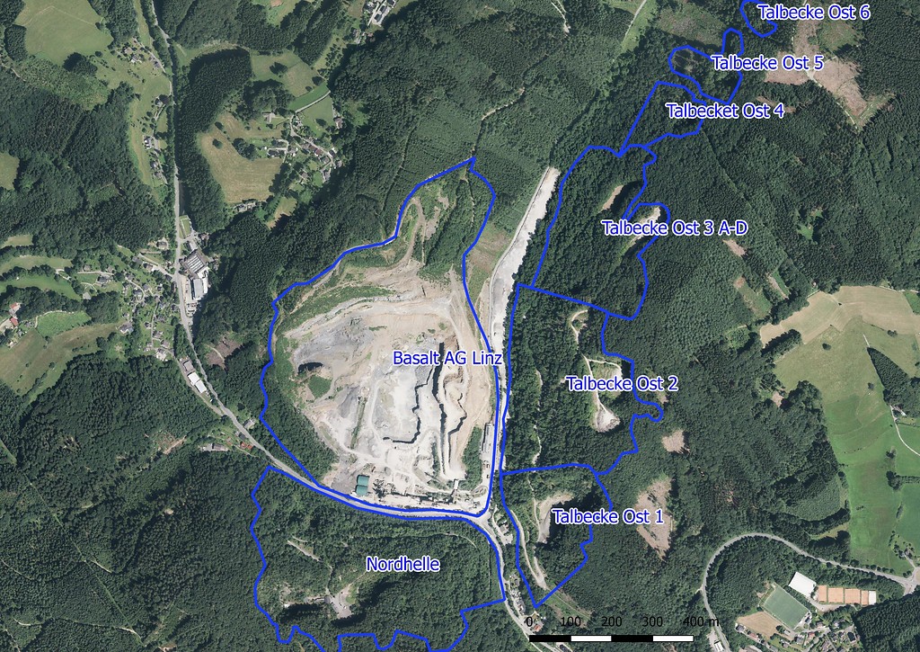 Lage der Grauwackesteinbrüche bei Talbecke. (Bearbeitung: J. Kling, Kartengrundlage: Geobasisdaten NRW (2018))