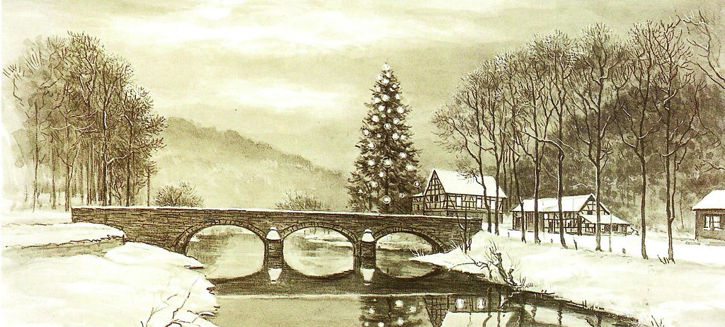 Undatierte Zeichnung des Weihnachtsbaumes an der Aggerbrücke: der "Größte Lichterbaum der Rheinprovinz" als Wahrzeichen von Engelskirchen-Loope.