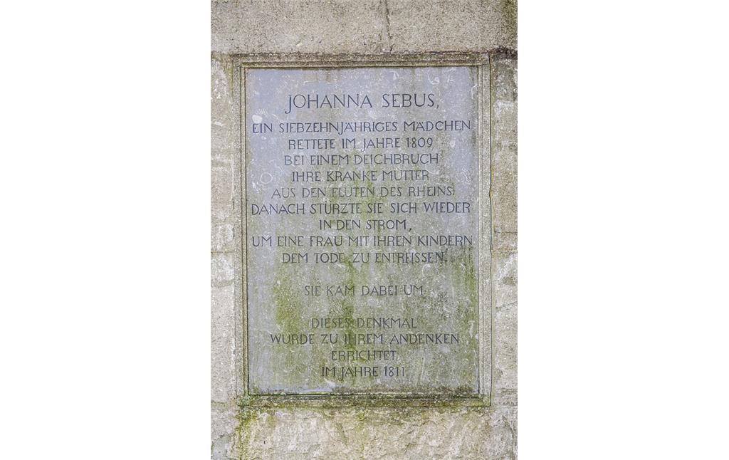 Inschrift auf dem Johanna-Sebus-Denkmal in Kleve-Wardhausen (2015)