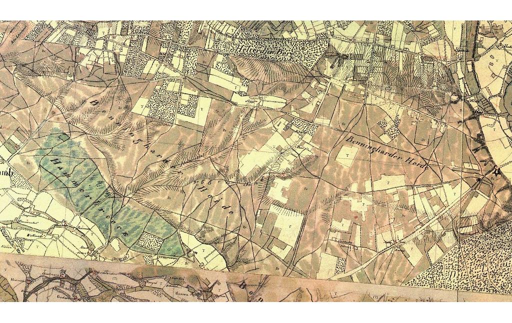 Die Bönninghardter Heide in einem Ausschnitt aus der Kartenaufnahme der Rheinlande 1:25.000 durch Tranchot / von Müffling 1801 - 1828