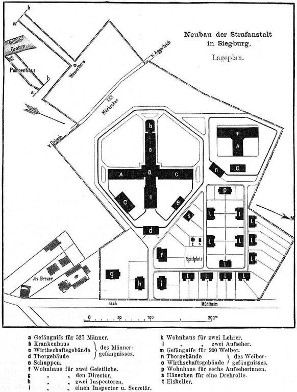 Nicht genordeter Lageplan des Neubaus der Strafanstalt Siegburg (aus dem Centralblatt der Bauverwaltung 1895).