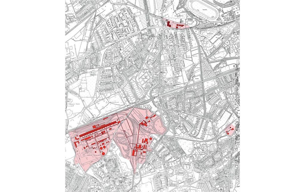 Karte der Zollverein-Schachtanlagen und Kokerei in Essen mit farbiger Markierung denkmalwerter Bauten und dazugehörigen Flächen (2007)