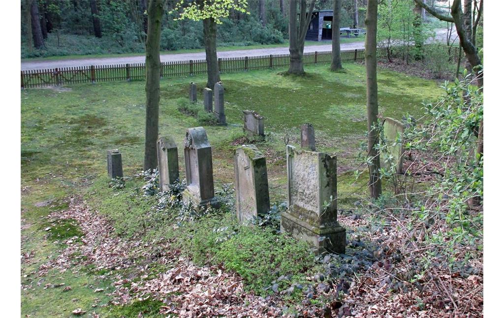 Gräberreihe auf dem nach Nordwesten hin ansteigenden Gelände des jüdischen Friedhofs "Bönninghardter Heide" am Xantener Weg bei Issum (2016).