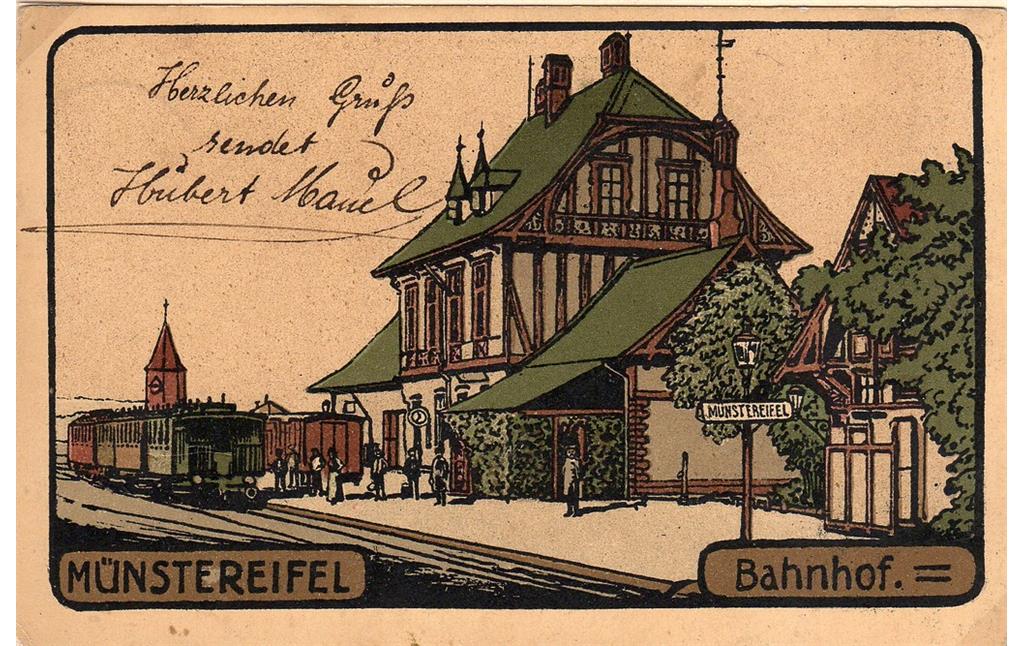 Das Empfangsgebäude im Bahnhof Münstereifel. Kolorierte Postkarte von 1915.