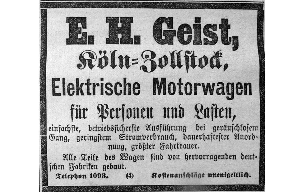Zeitungsanzeige der Firma "E. H. Geist, Köln-Zollstock" von 1899, geworben wird für "Elektrische Motorwagen für Personen und Lasten".
