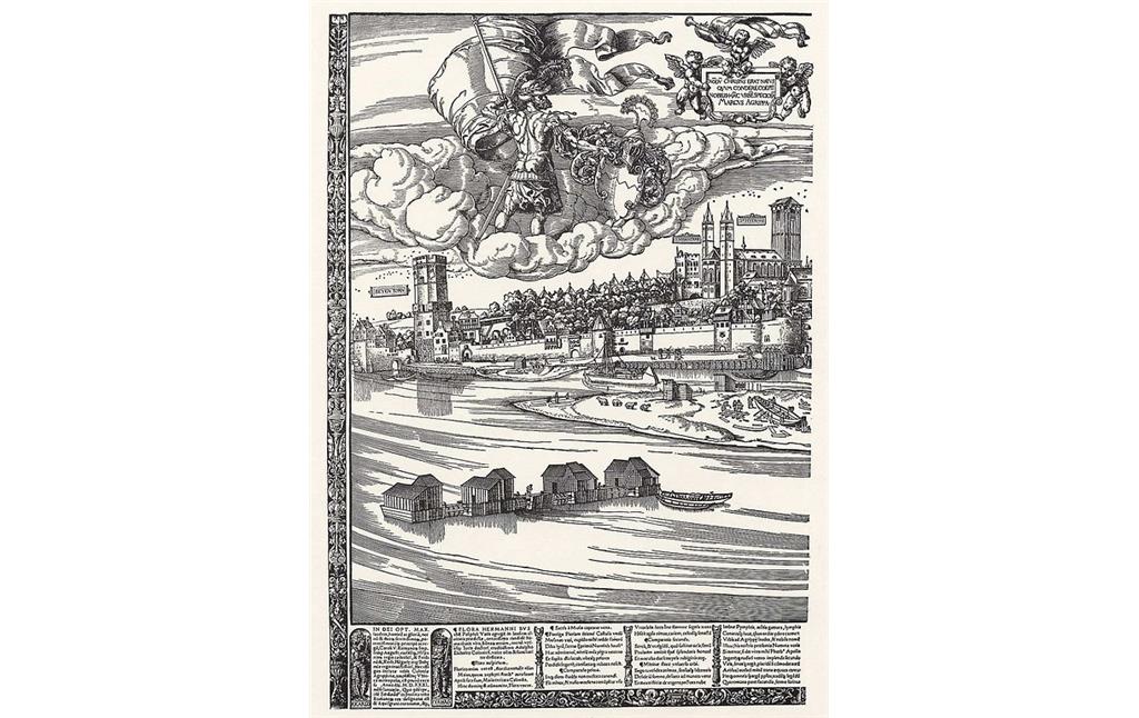 Ausschnitt der historischen Ansicht Kölns aus dem Jahr 1531 von Anton Woensam (um 1500-1541): der Bereich zwischen dem Bayenturm und Sankt Severin mit der Stadtmauer, vor dem Hafenbereich sind auf dem Rhein Schiffsmühlen zu sehen.