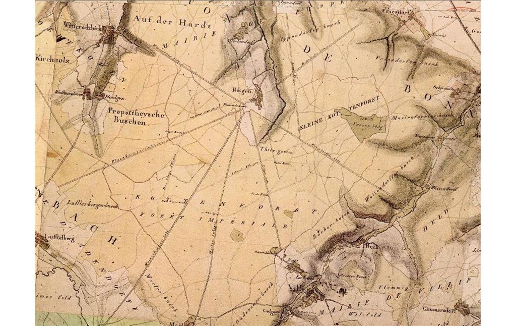 Der Kottenforst auf einem Ausschnitt der historischen Karte von Tranchot / von Müffling, 1801-1828. Zentral im Norden ist Röttgen und im Süden Villich zu erkennen, ferner das zentralistisch angelegte Wegesystem (2013)