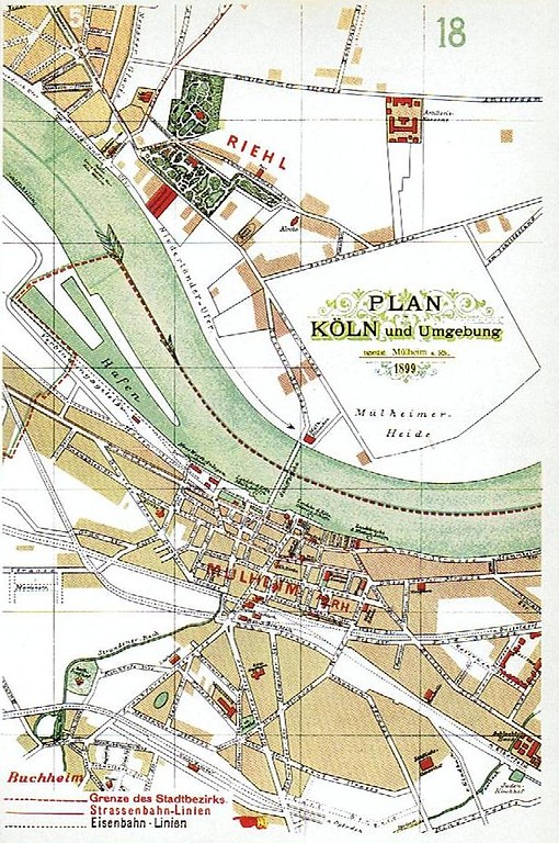 Ausschnitt eines Plans der Umgebung von Riehl und Mülheim (1899) mit Flora, Zoo und Exerzierplatz "Mülheimer Heide" oberhalb des Rheins sowie Mülheim mit dem Hafen darunter.