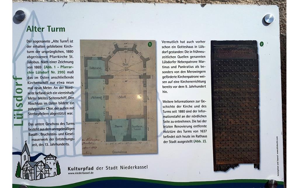 Informationstafel zur Geschichte des "Alten Turms" in Niederkassel-Lülsdorf (2018).