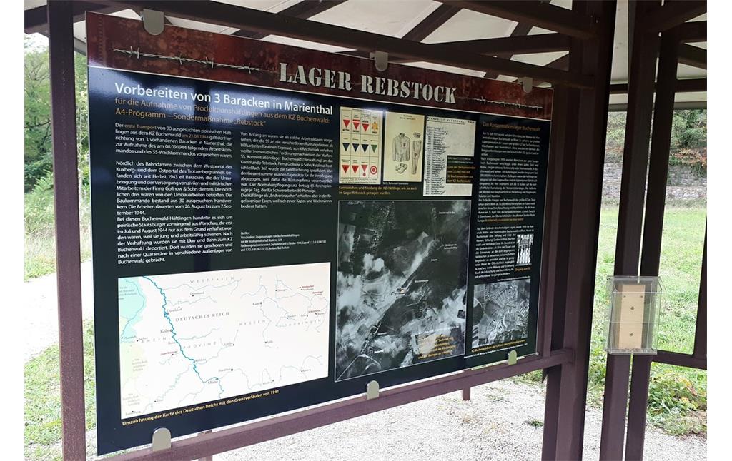 Informationstafel zum Außenlager Rebstock des Konzentrationslagers Buchenwald bei Ahrweiler-Marienthal am westlichen Ausgang des Regierungsbunkers (2019).