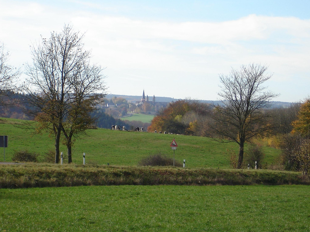 Ein Ausschnitt der Kulturlandschaft der Nordeifel mit dem Kloster Steinfeld in der Bildmitte (2000).
