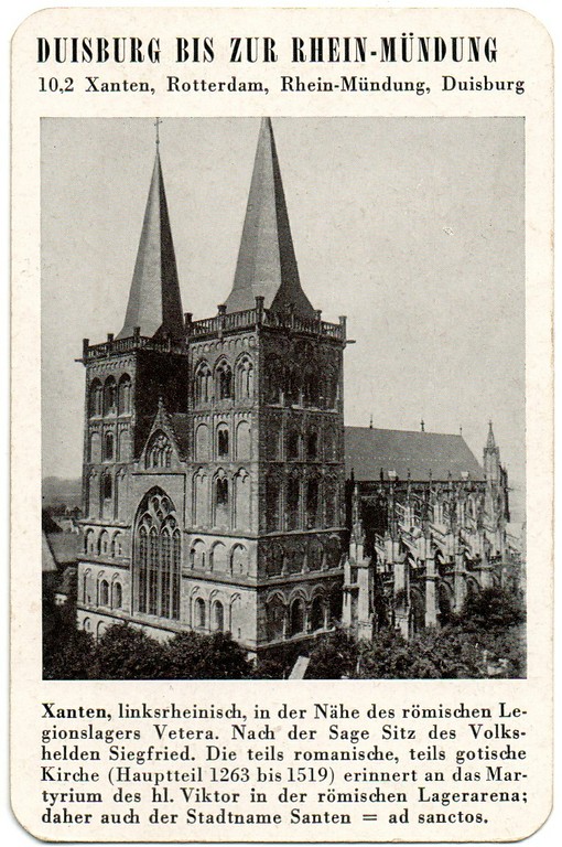 Spielkarte "Xanten" mit einer Ansicht der Kirche des Viktorstifts (aus dem Quartettspiel "Der Rhein", Ravensburger Spiele Nr. 305, Otto Maier Verlag 1952).