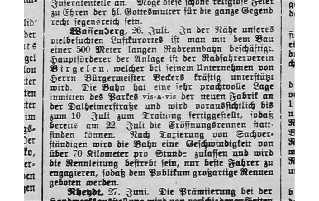 Historischer Zeitungsbericht zur Fertigstellung der Rennbahn in Wassenberg aus der Erkelenzer Zeitung vom 30. Juni 1906 (die Datierung "26. Juli" ist offensichtlich ein Druckfehler).