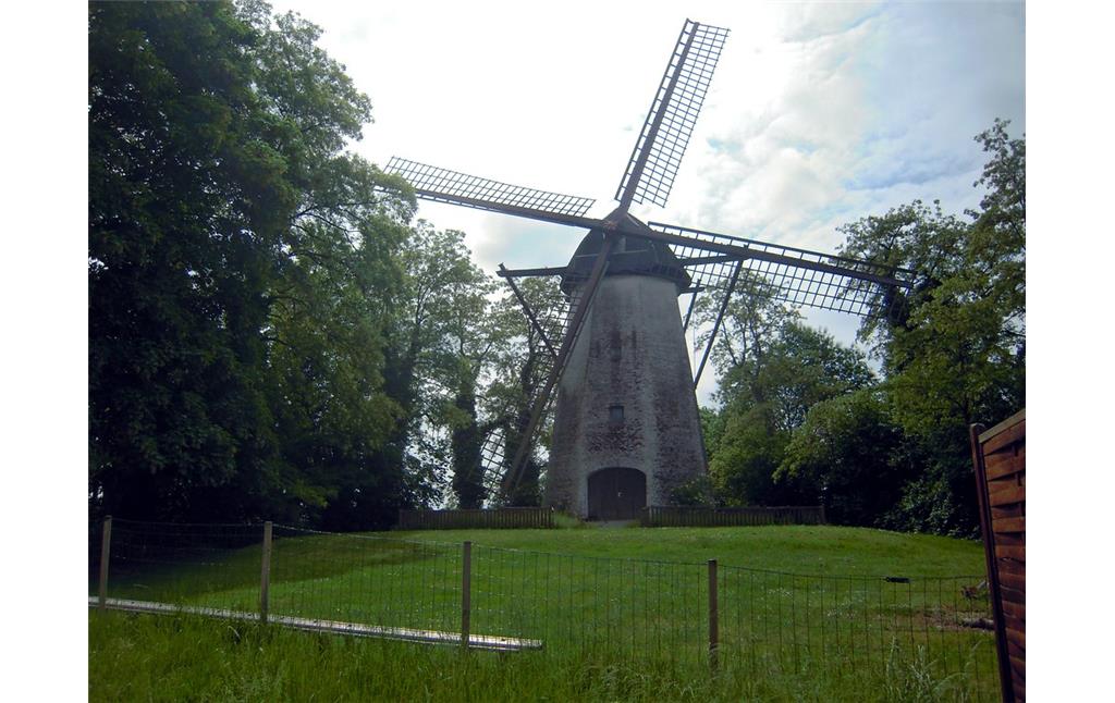 Lohmanns Mühle in Duisburg-Baerl (2016); die Windmühle steht erhöht auf einem Erdhügel.