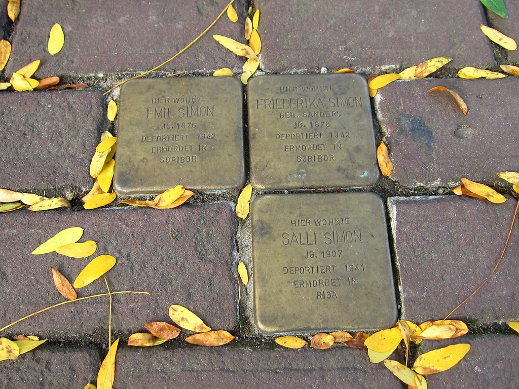 Stolpersteine zum Gedenken an in der NS-Zeit ermordeten jüdischen Bürger im Straßenpflaster der heutigen Synagogenstraße in Kaldenkirchen (2013)