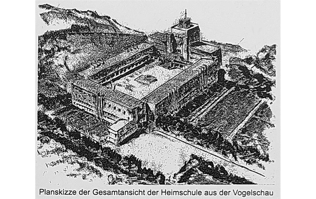 Undatierte "Planskizze der Gesamtansicht der Heimschule aus der Vogelschau" auf der Informationstafel vor Ort zur Ruine der Heimschule am Laacher See bei Nickenich (vermutlich um 1930).