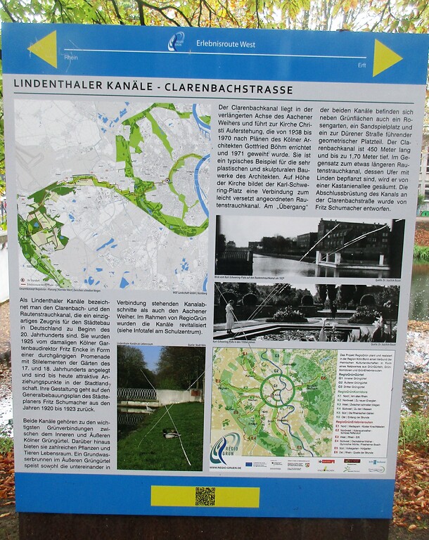 Informationstafel "Lindenthaler Kanäle - Clarenbachstraße" im Bereich des Clarenbachkanals in Köln-Lindenthal (2020).