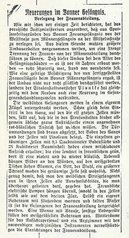 Historischer Zeitungsbericht "Neuerungen im Bonner Gefängnis. Verlegung der Frauenabteilung" aus dem General-Anzeiger vom 31.10.1930.