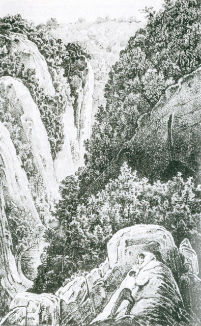 Die Lithographie "Rabenstein" aus Johann Heinrich Bongards Buch "Wanderung zur Neandershöhle" von 1835 zeigt den Felsen "Rabenstein" im Neandertal.