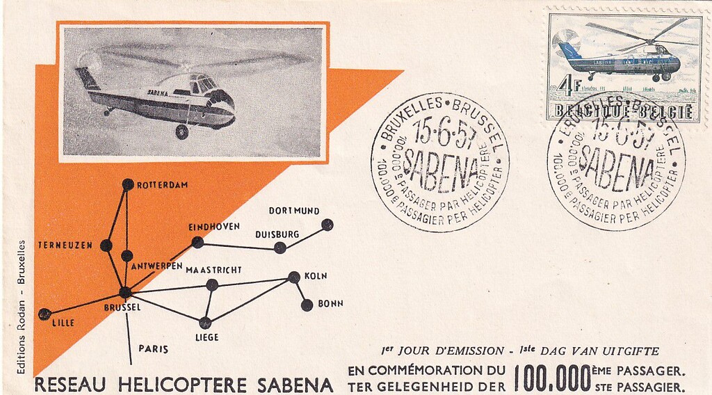 Werbepostkarte der belgischen Fluggesellschaft Sabena aus Anlass des 100.000sten Passagiers der europäischen "Heliport"-Hubschrauberflugplätze (15. Juni 1957).