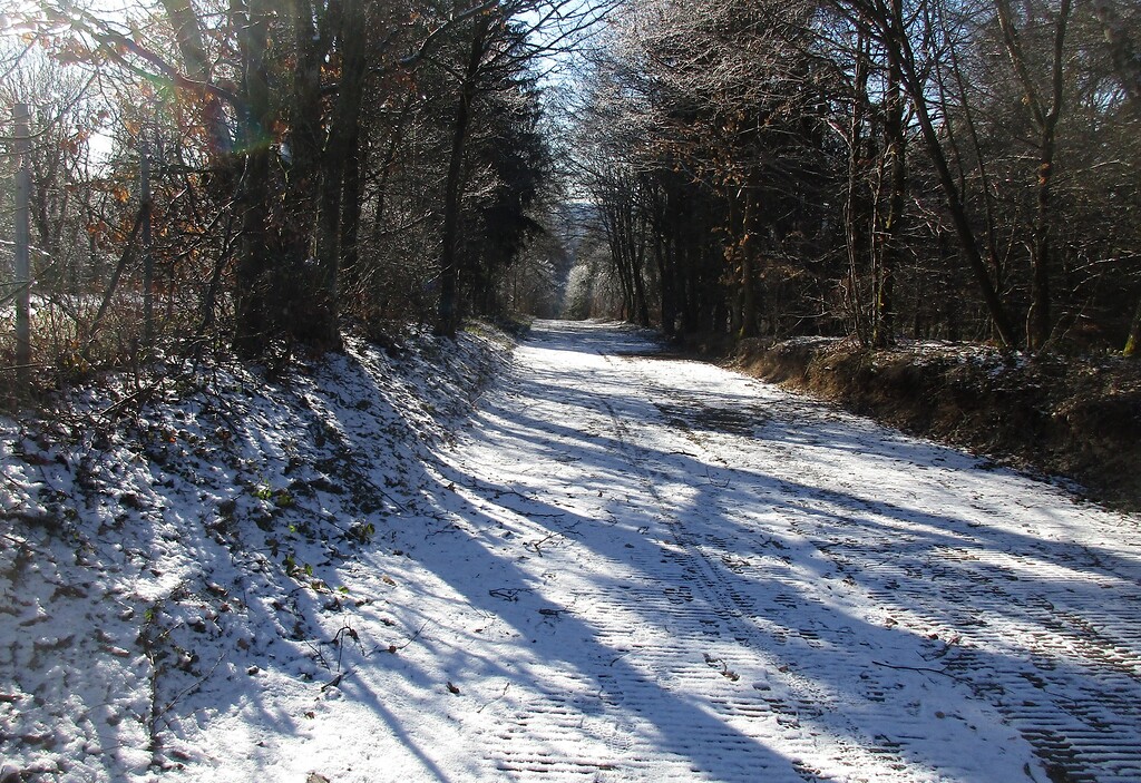 Winterliche Aussicht über die Einfahrt zur historischen Steilstrecke an der Nürburgring-Nordschleife im Bereich des Streckenabschnitts "Hohe Acht" (2021).