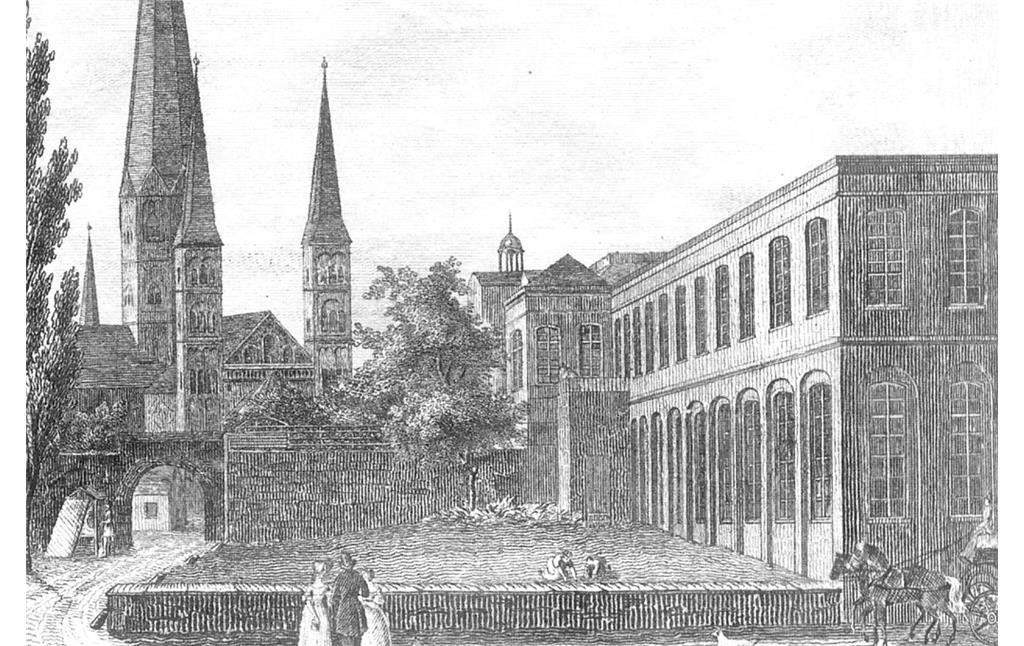 Die im Buen-Retiro des kurfürstlichen Schlosses untergebrachte Universitätsklinik am Kaiserplatz mit dem Bonner Münster im Bildhintergrund (1839)