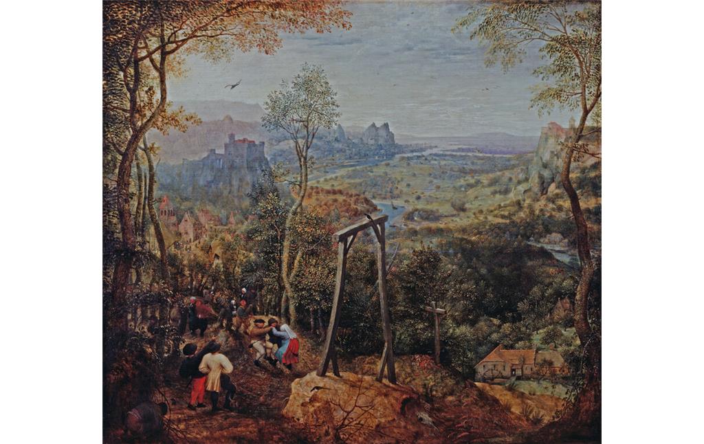 Ölgemälde "Die Elster auf dem Galgen" von Pieter Bruegel dem Älteren aus dem Jahr 1568, heute im Hessischen Landesmuseum Darmstadt, 45,9 x 50,8 cm. Der Name des Bildes bezieht sich auf die auf dem Galgen sitzende Elster.