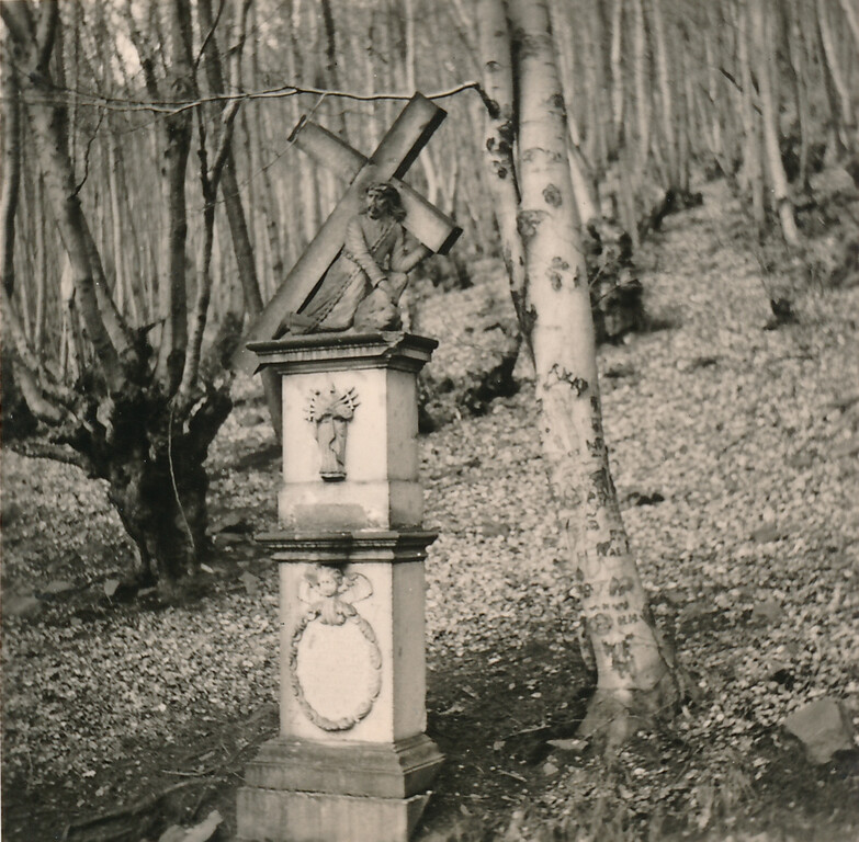 Station 7 des Petersberger Bittwegs im Siebengebirge mit einem Kreuz der ehemaligen Pächter des Wülsdorfer Hofes mit Rahmholzbeständen im Hintergrund. Fotografie (1959)