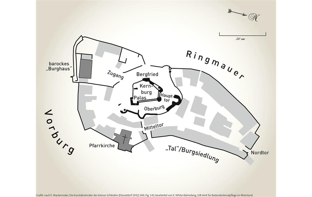 Der Grundriss der Burg Kronenburg mit Vorburg und befestigter Burgsiedlung