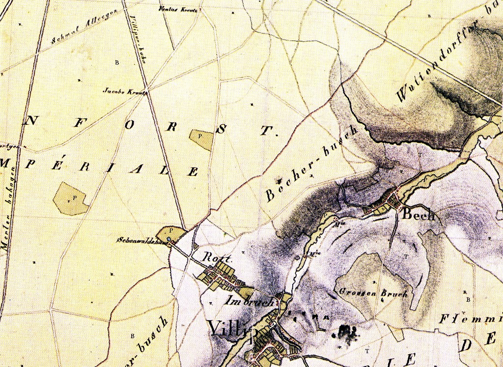 Ausschnitt aus der so genannten Tranchot-Karte (Kartenaufnahme der Rheinlande 1:25.000; Tranchot / von Müffling, 1801-1828, Blatt 102/46r Duisdorf, Bad Godesberg, Königswinter), in dem das Schönwaldhaus und das Jakobskreuz im Kottenforst verzeichnet sind