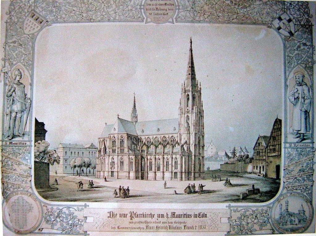 Replik einer Zeichnung aus dem Kirchenarchiv St. Mauritius mit dem neugotischen Kirchenbau am früheren Standort des Benediktinerinnenpriorats Sankt Mauritius in Köln (unbekannter Künstler aus dem späten 19. Jahrhundert)