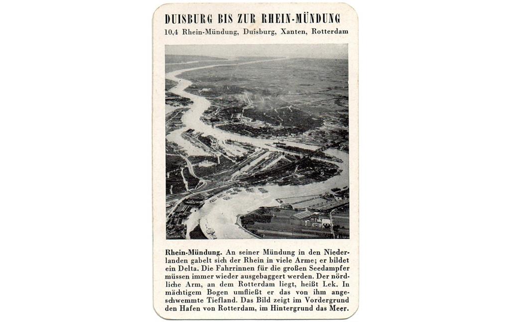 Spielkarte "Rhein-Mündung" mit einer Ansicht des Rheins bei Rotterdam (aus dem Quartettspiel "Der Rhein", Ravensburger Spiele Nr. 305, Otto Maier Verlag 1952).