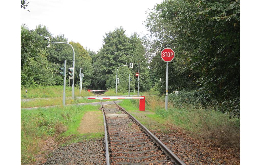 Der "Bahnübergang" an der Klever Straße zwischen Nütterden und Kranenburg. Zu sehen sind die Sperreinrichtungen für die Draisine (Stop-Schild, Schranke, Rotlicht) (2013)