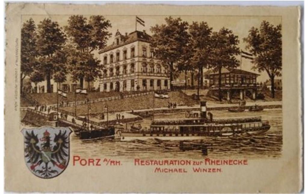 Eine historische Postkarte zeigt das Haus Bahnhofstraße Nr. 2 in Porz vom Rhein aus, nach Fertigstellung der Rampe und der Anlegebrücke. Hier befand sich einst das Restaurant "Zur Rheinecke". An der Stelle der kleinen Glashalle rechts im Bild befindet sich auch heute noch ein Restaurant.
